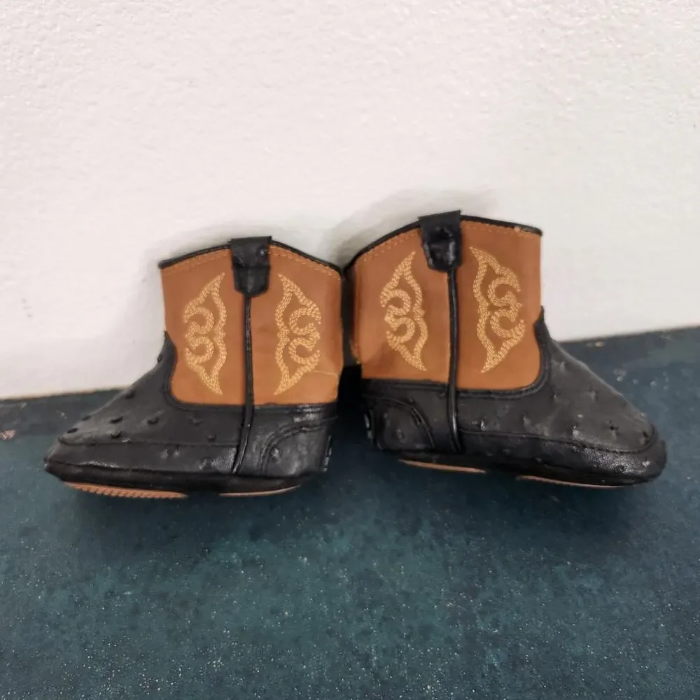 DBL Barrel Faux Ostrich Black Western Infant Boots Hook & Loop Closure